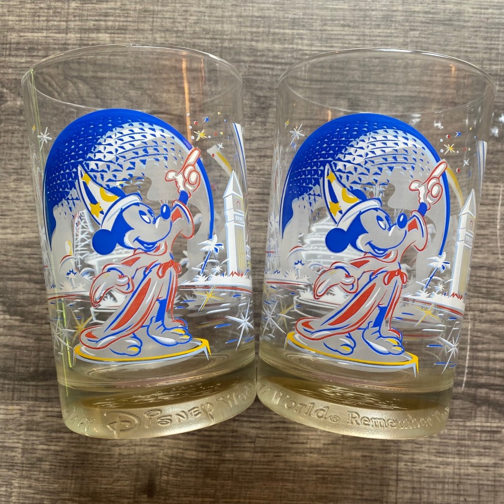Set of 2 Disney World 25th Anniversary Glass Set Magic Sorcerer Mickey Epcot